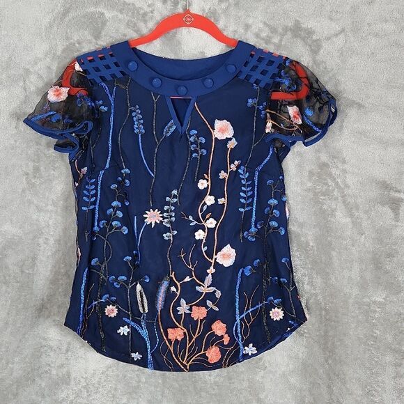 Amazon Tops - Floral Embroidered Mesh Blouse Women’s Small Blue Sheer Sleeve Top Boho Romantic